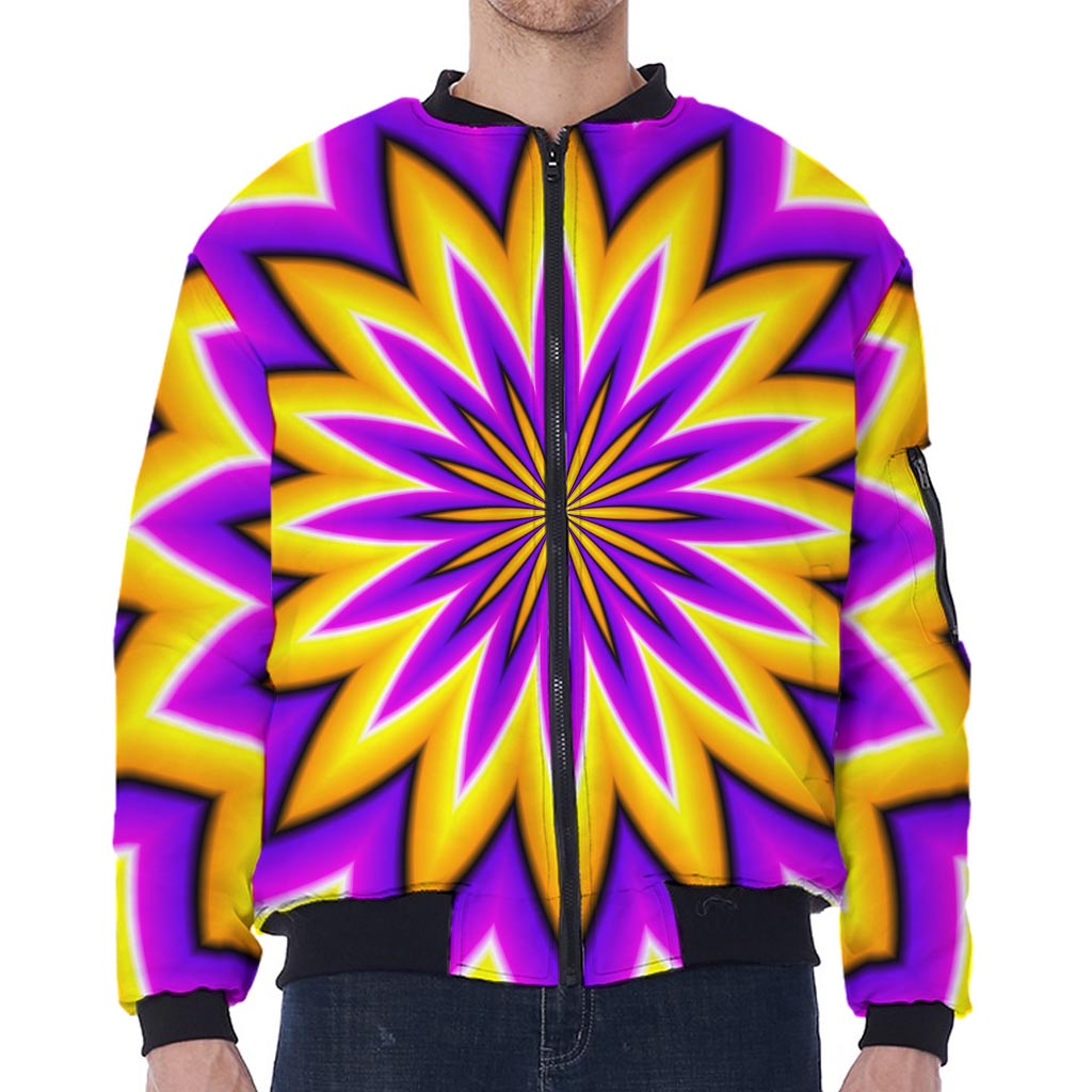 Yellow Flower Moving Optical Illusion Zip Sleeve Bomber Jacket