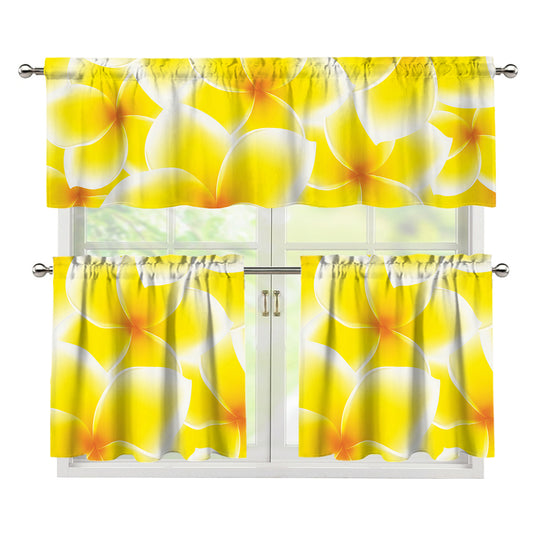 Yellow Frangipani Pattern Print 3 Piece Kitchen Curtains
