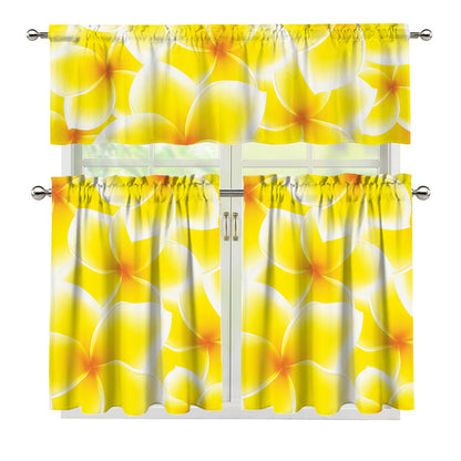 Yellow Frangipani Pattern Print 3 Piece Kitchen Curtains