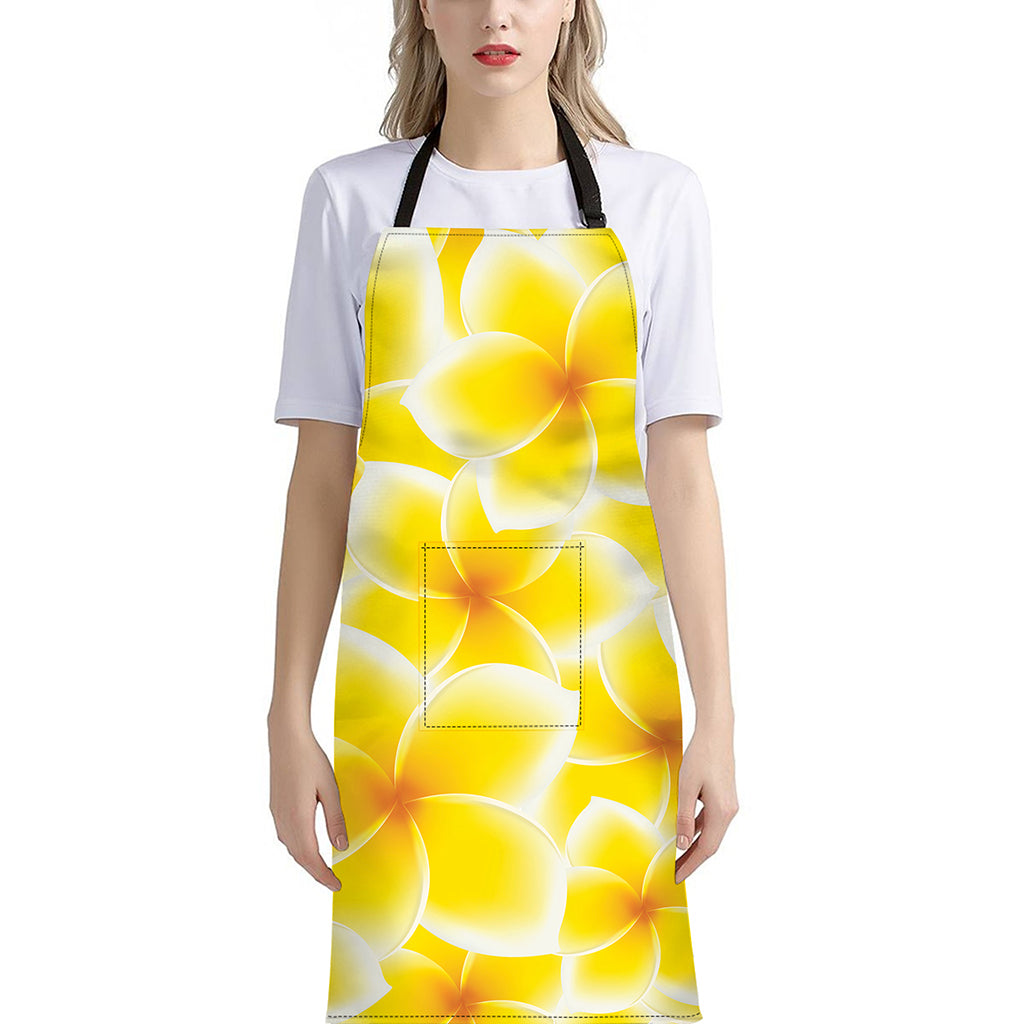 Yellow Frangipani Pattern Print Bib Apron With Pocket