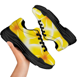 Yellow Frangipani Pattern Print Black Chunky Shoes