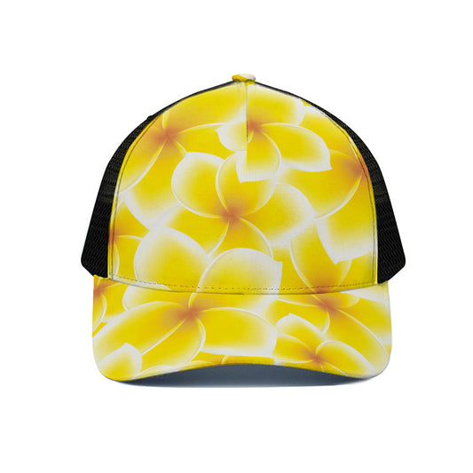 Yellow Frangipani Pattern Print Black Mesh Trucker Cap