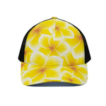 Yellow Frangipani Pattern Print Black Mesh Trucker Cap