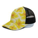 Yellow Frangipani Pattern Print Black Mesh Trucker Cap