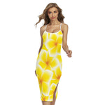 Yellow Frangipani Pattern Print Cross Back Cami Dress