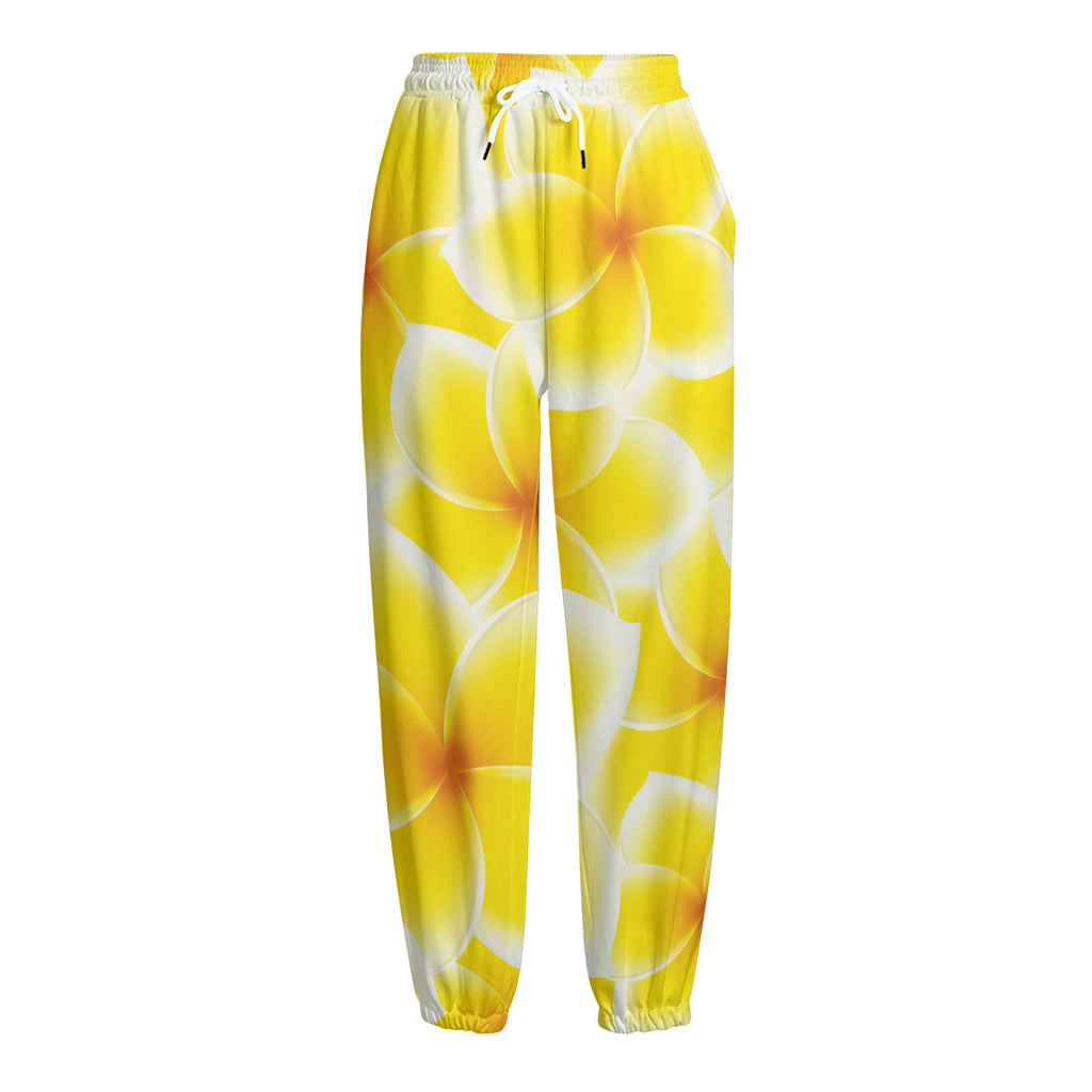 Yellow Frangipani Pattern Print Fleece Lined Knit Pants