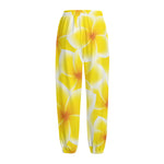 Yellow Frangipani Pattern Print Fleece Lined Knit Pants