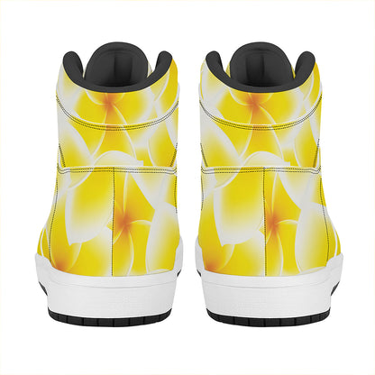 Yellow Frangipani Pattern Print High Top Leather Sneakers