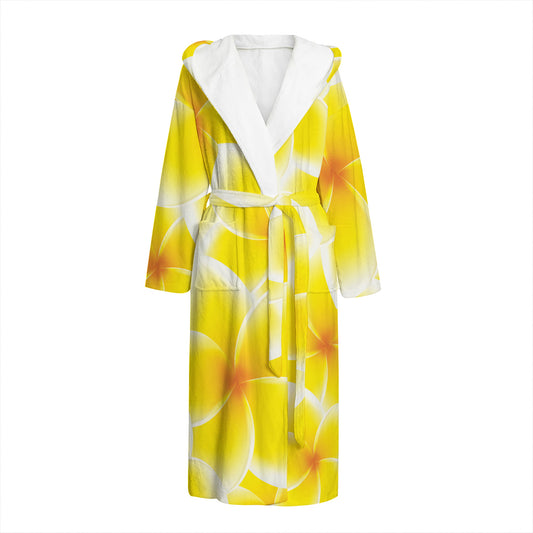 Yellow Frangipani Pattern Print Hooded Bathrobe