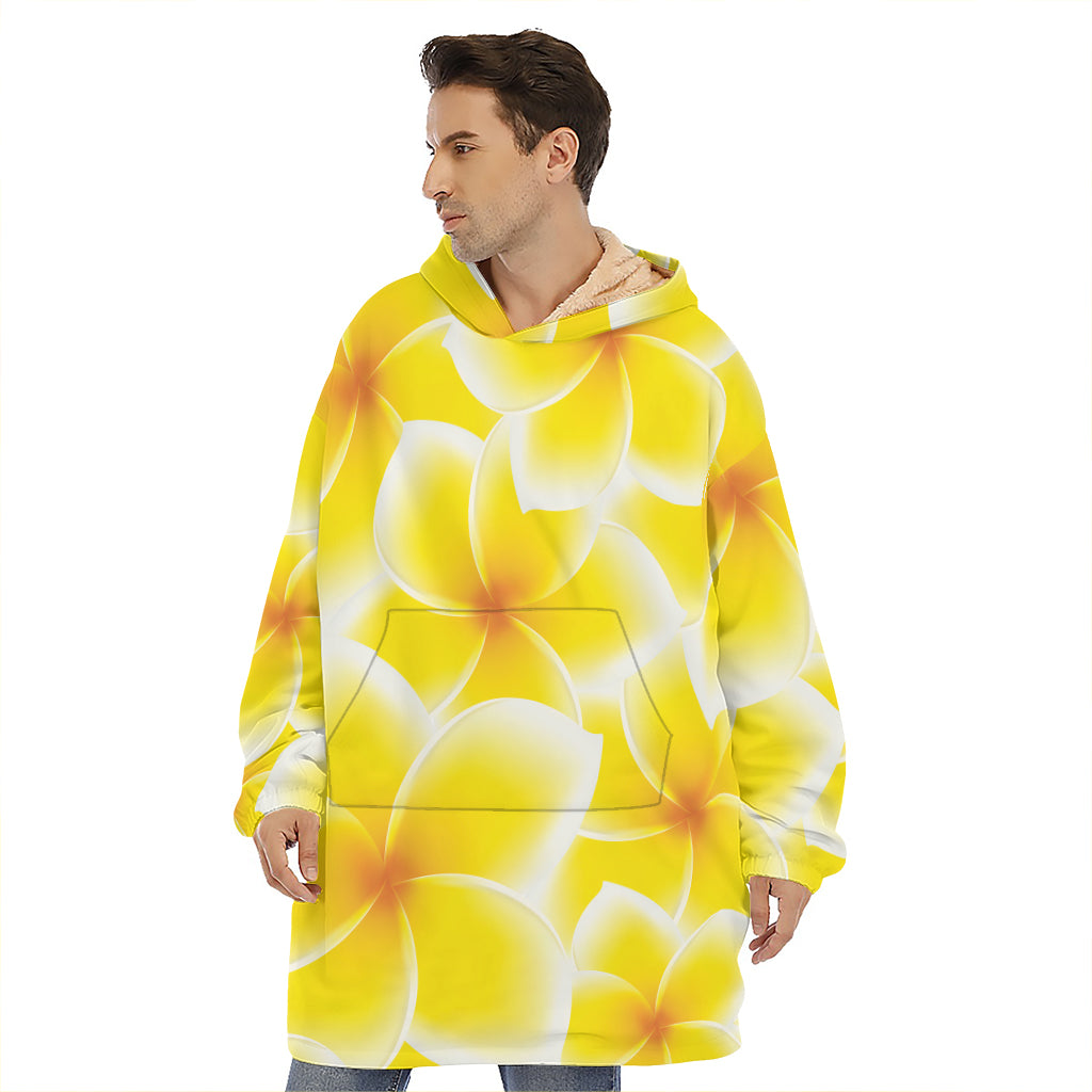 Yellow Frangipani Pattern Print Hoodie Blanket