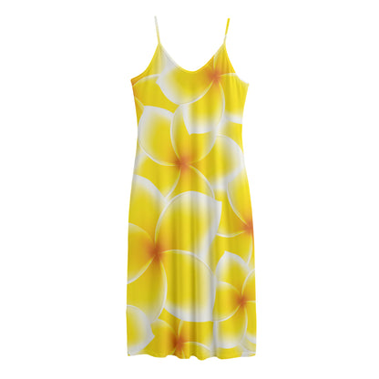 Yellow Frangipani Pattern Print Jersey Midi Cami Dress