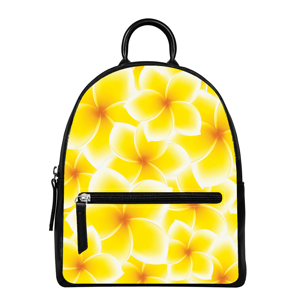Yellow Frangipani Pattern Print Leather Backpack