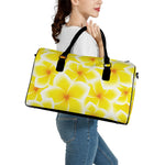 Yellow Frangipani Pattern Print Leather Duffle Bag