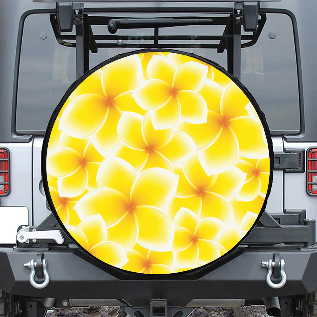 Yellow Frangipani Pattern Print Leather Spare Tire Cover