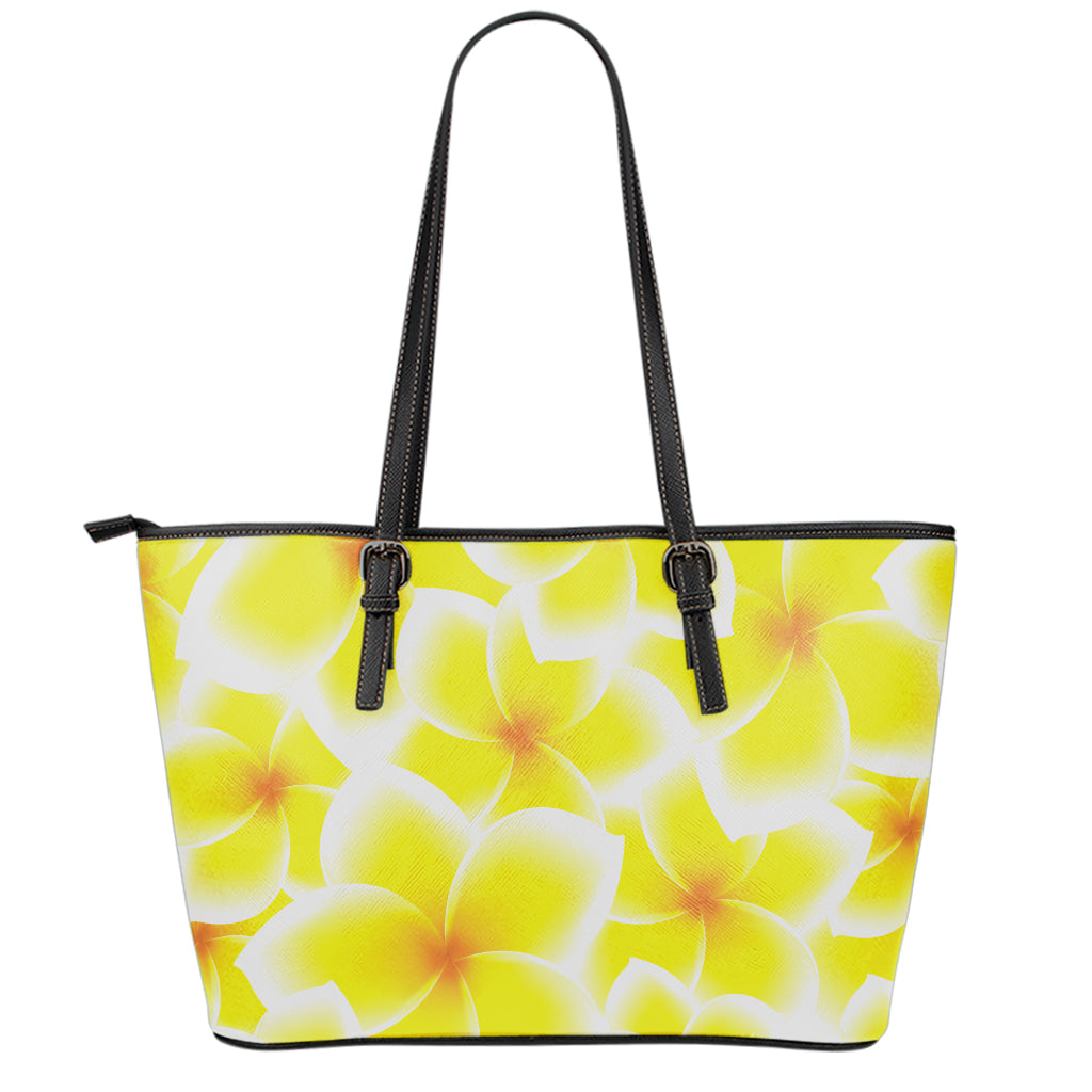 Yellow Frangipani Pattern Print Leather Tote Bag