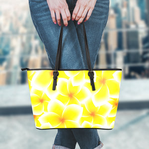 Yellow Frangipani Pattern Print Leather Tote Bag