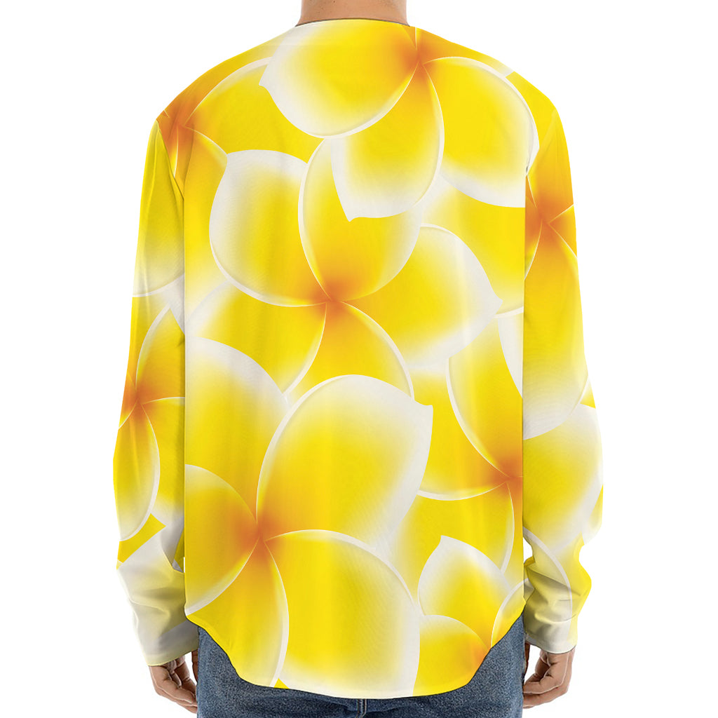 Yellow Frangipani Pattern Print Long Sleeve Baseball Jersey