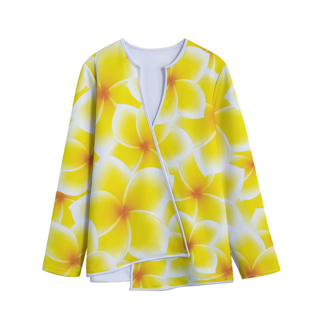 Yellow Frangipani Pattern Print Long Sleeve Short Coat