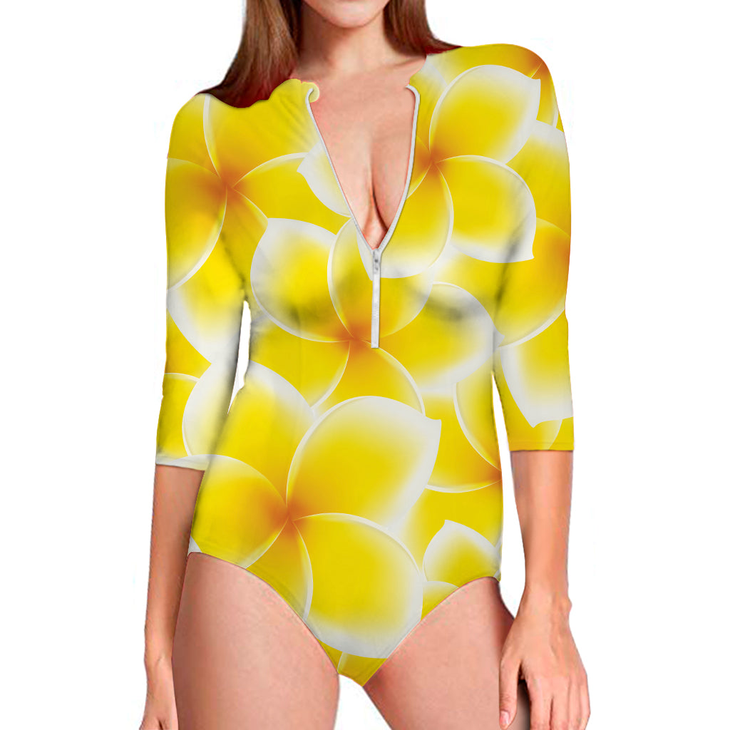 Yellow Frangipani Pattern Print Long Sleeve Swimsuit