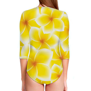 Yellow Frangipani Pattern Print Long Sleeve Swimsuit