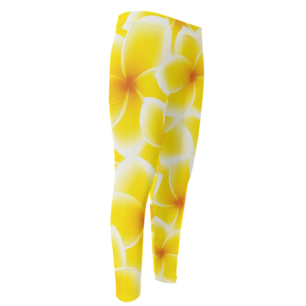 Yellow Frangipani Pattern Print Men's Compression Pants