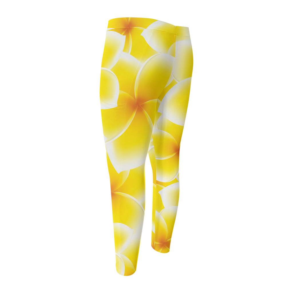 Yellow Frangipani Pattern Print Men's Compression Pants