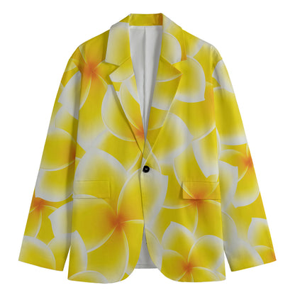 Yellow Frangipani Pattern Print Men's Cotton Blazer