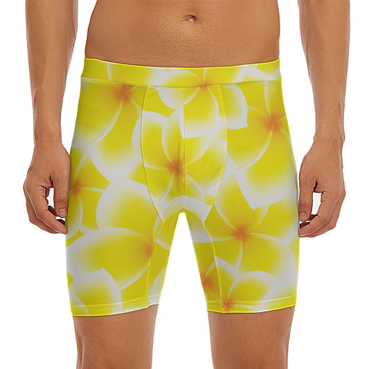 Yellow Frangipani Pattern Print Men's Long Boxer Briefs