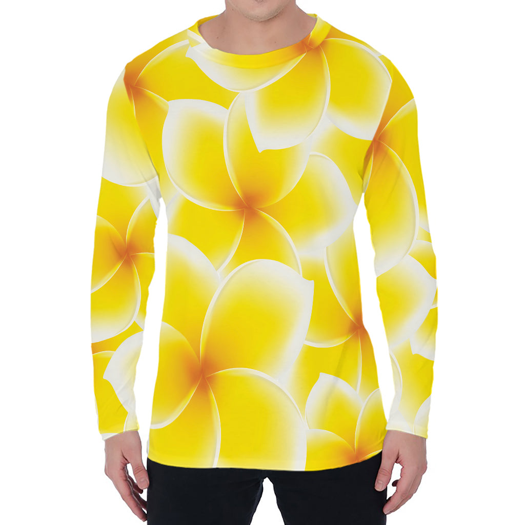 Yellow Frangipani Pattern Print Men's Long Sleeve T-Shirt