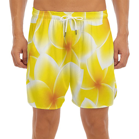 Yellow Frangipani Pattern Print Men's Split Running Shorts