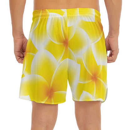 Yellow Frangipani Pattern Print Men's Split Running Shorts