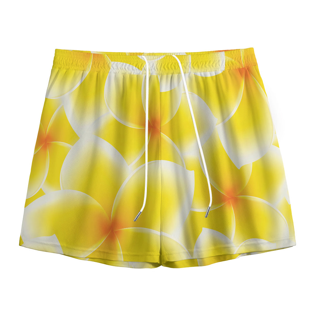 Yellow Frangipani Pattern Print Mesh Shorts