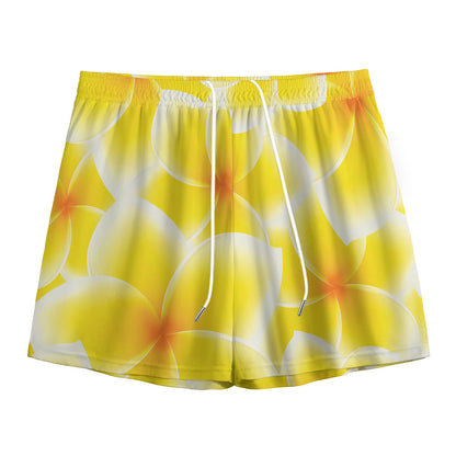 Yellow Frangipani Pattern Print Mesh Shorts