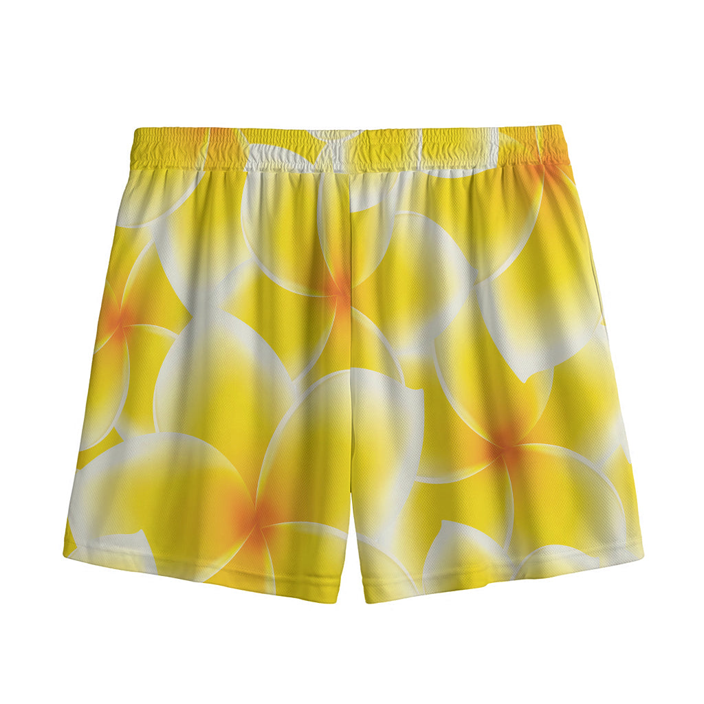 Yellow Frangipani Pattern Print Mesh Shorts