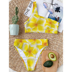 Yellow Frangipani Pattern Print One Shoulder Bikini Top