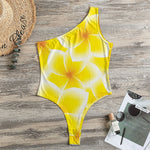 Yellow Frangipani Pattern Print One Shoulder Bodysuit