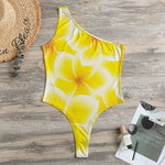 Yellow Frangipani Pattern Print One Shoulder Bodysuit