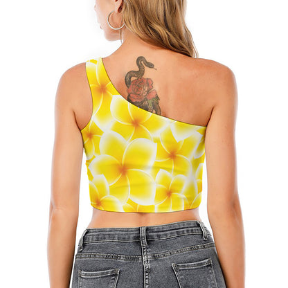 Yellow Frangipani Pattern Print One Shoulder Crop Top