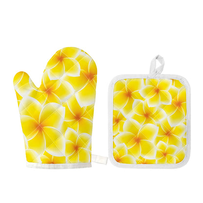 Yellow Frangipani Pattern Print Oven Mitt And Pot Holder Set