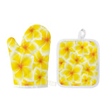 Yellow Frangipani Pattern Print Oven Mitt And Pot Holder Set