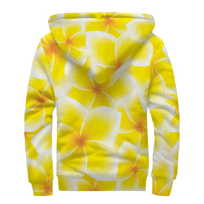 Yellow Frangipani Pattern Print Sherpa Lined Zip Up Hoodie