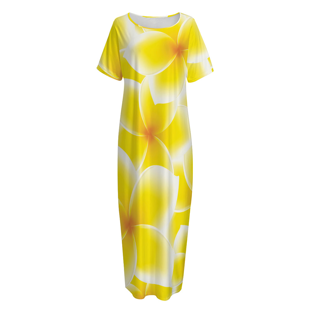 Yellow Frangipani Pattern Print Short Sleeve Long Nightdress