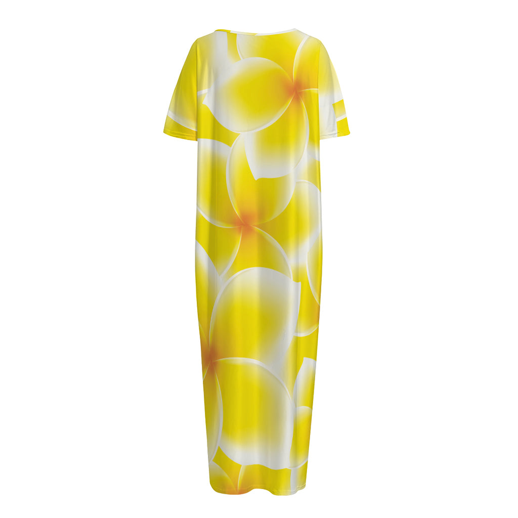 Yellow Frangipani Pattern Print Short Sleeve Long Nightdress