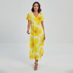 Yellow Frangipani Pattern Print Short Sleeve Maxi Dress