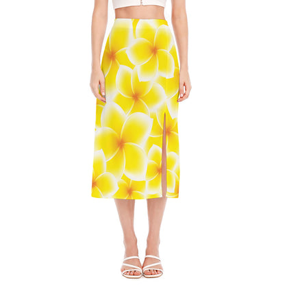 Yellow Frangipani Pattern Print Side Slit Midi Skirt