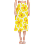 Yellow Frangipani Pattern Print Side Slit Midi Skirt