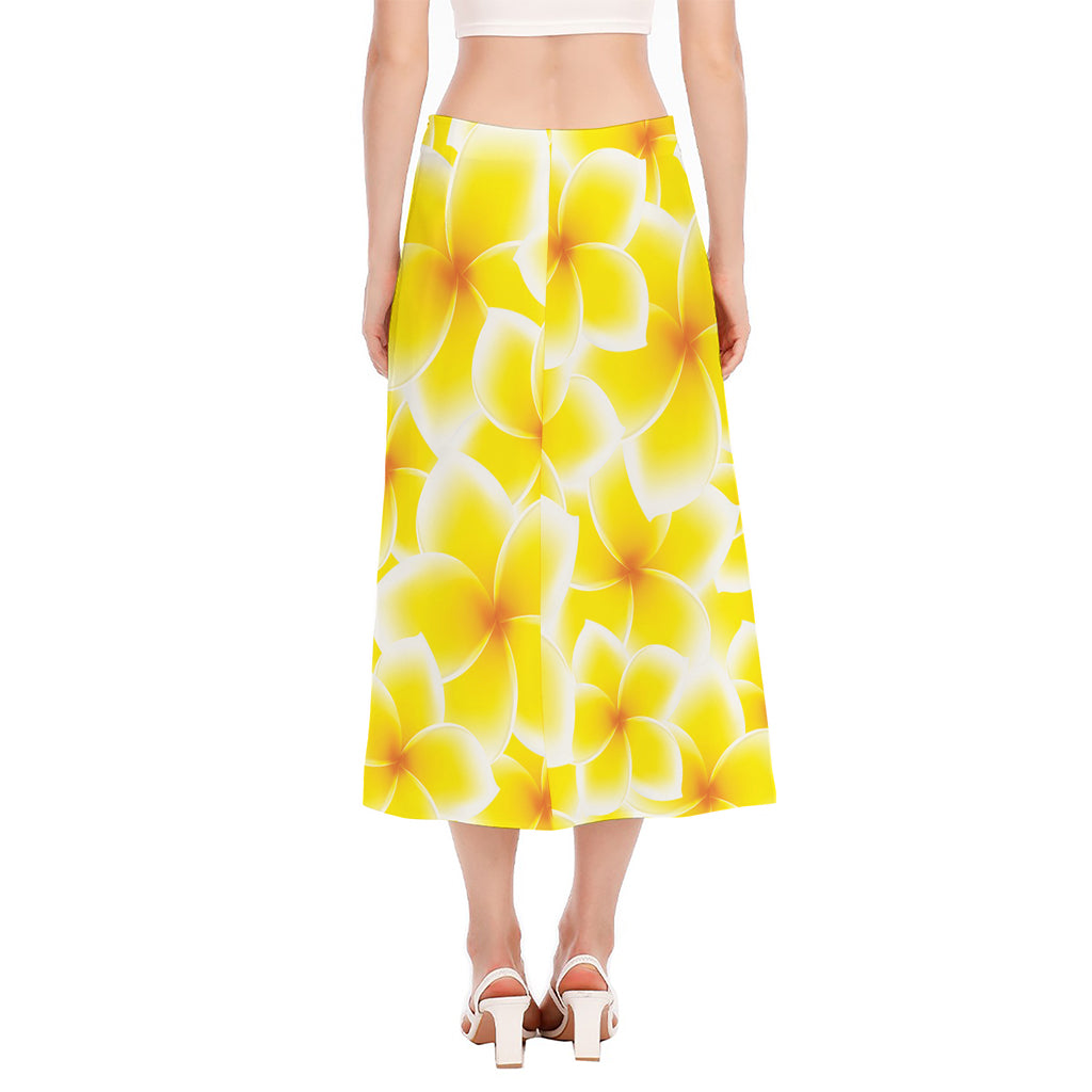 Yellow Frangipani Pattern Print Side Slit Midi Skirt