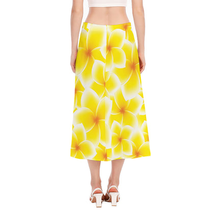 Yellow Frangipani Pattern Print Side Slit Midi Skirt