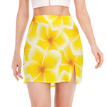 Yellow Frangipani Pattern Print Side Slit Mini Skirt