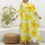 Yellow Frangipani Pattern Print Silk V-Neck Kaftan Dress